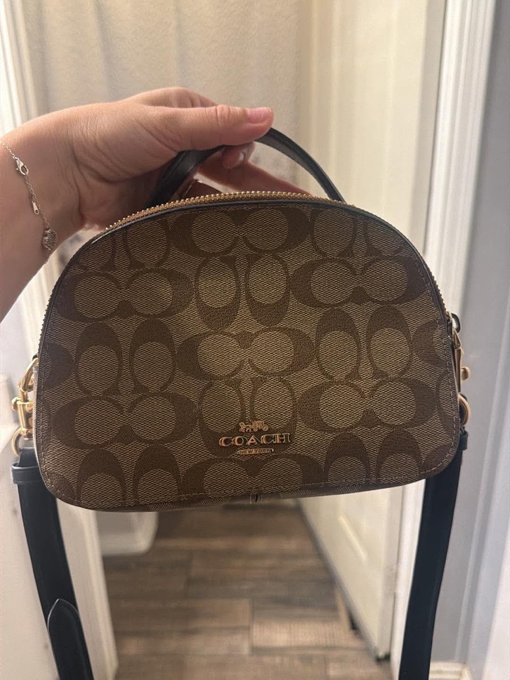 Coach Brown Signature Dome Crossbody with Black Strap